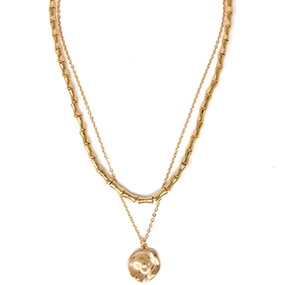 Layered Bamboo Organic Disk Pendant Necklace